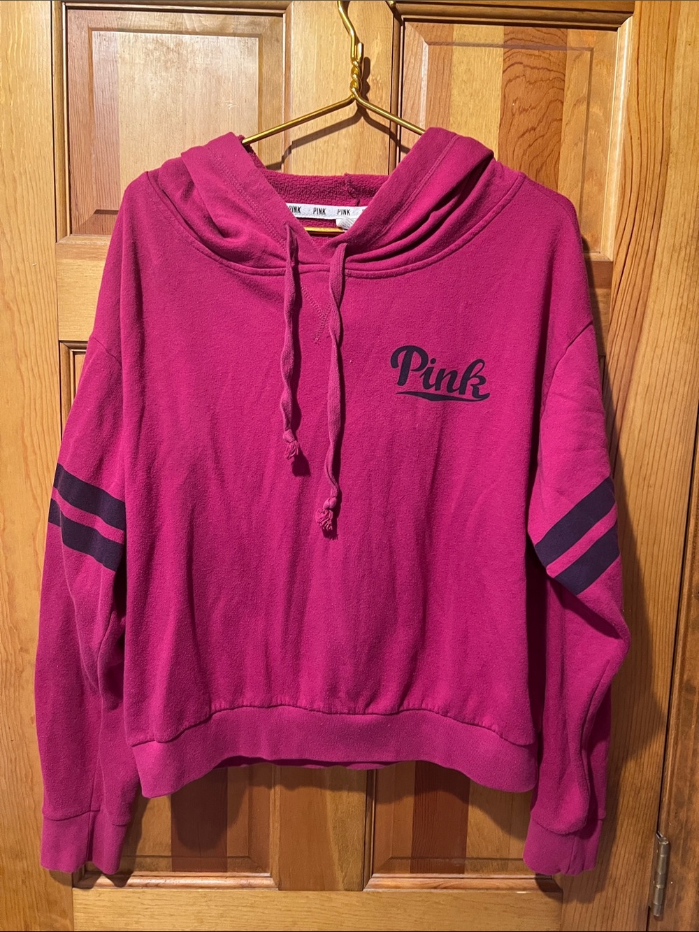 PINK Victoria's Secret Magenta Fleece Hoodie with Striped Sleeves